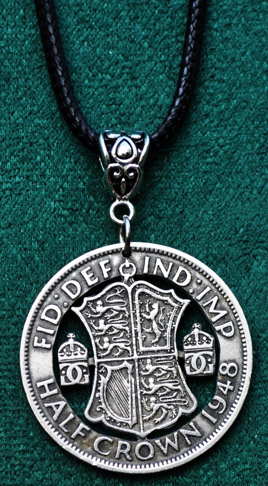 United Kingdom Large Half Crown Cut Coin Pendant Necklace