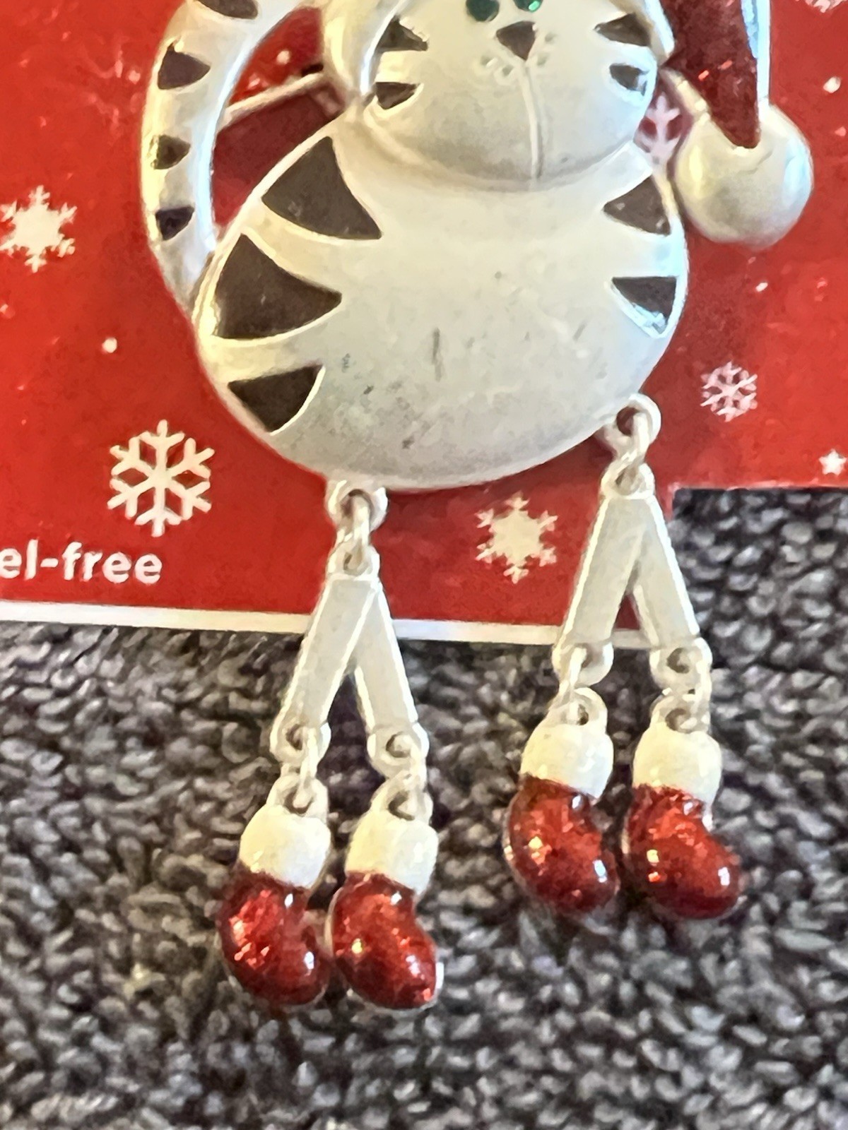 Christmas Silver Cat Brooch with Red Accents! Dangle Legs Santa Hat Nickel Free