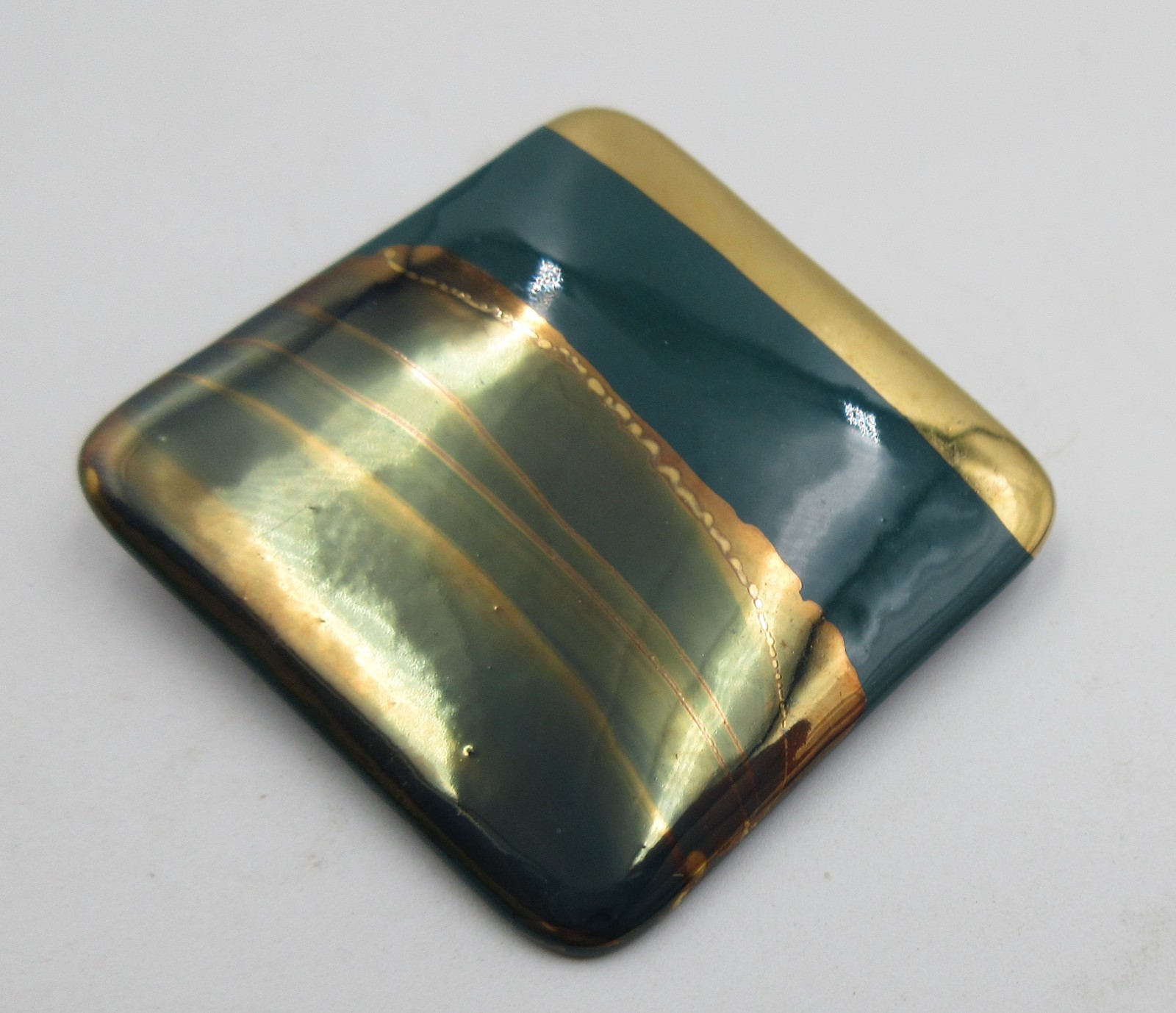VTG GEOMETRIC 1 5/8″ blue green teal shade gold tone mtl Brooch Pin Costume