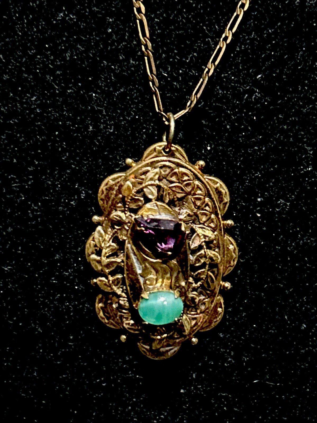 Vintage French Stamp Gold Plate Necklace Art Deco Purple Green Stones Pendant
