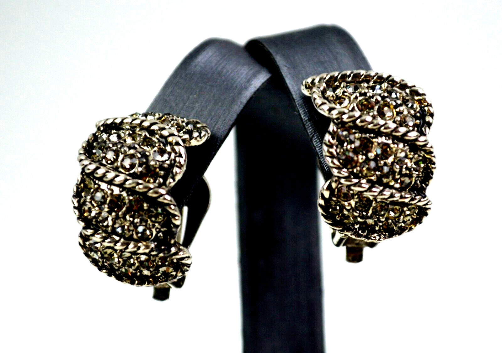 Vintage Silver Tone Clip On Half Moon Earrings with Small Rhinestones 1″