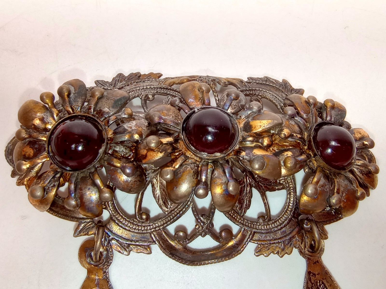 Victorian Floral Dangle Brooch Goldtone Deep Red Cabochons