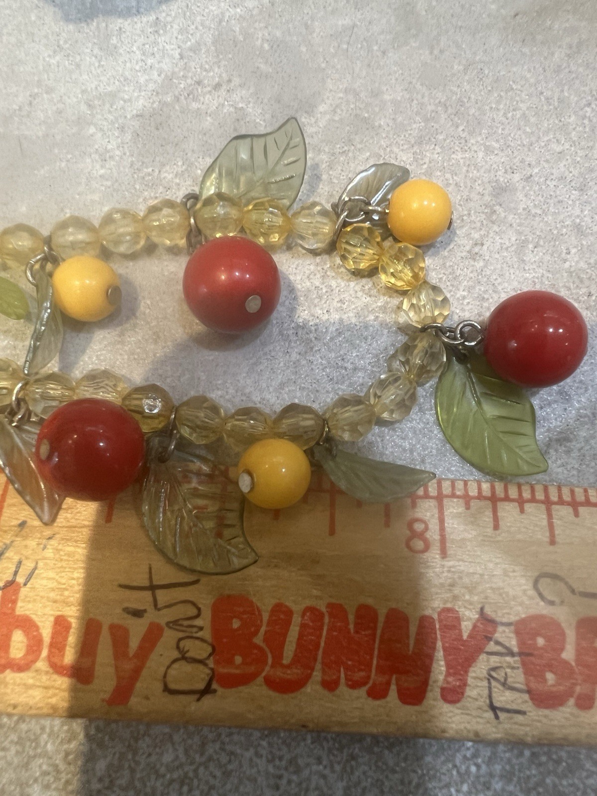 Vintage Fruit Basket Lucite Yellow Beaded Necklace 16 In With Adjustable Chain