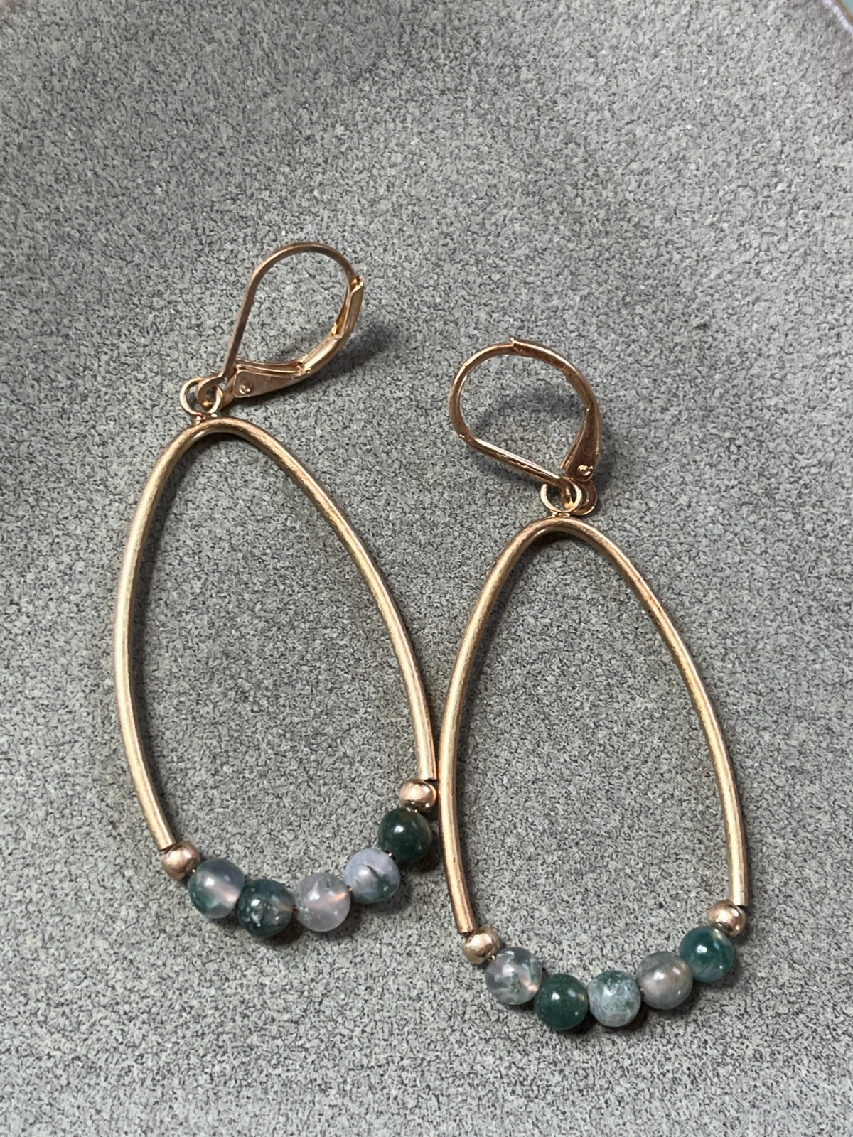 Estate Brushed Goldtone Tubular Ovals w Tiny Faux Green Stone Beads Dangle Ear