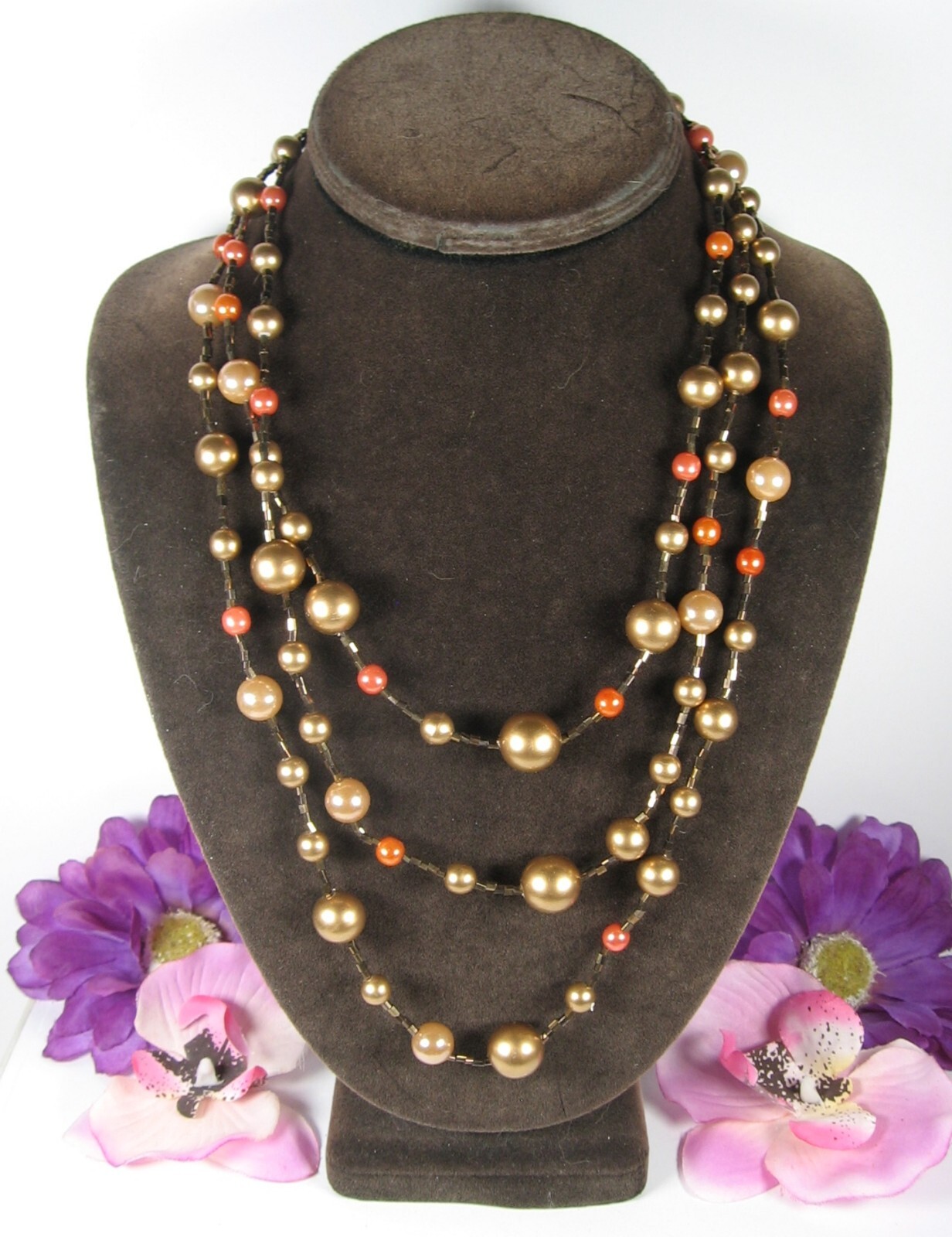 Triple Strand BRIGHT GOLDEN, BROWN, ORANGE Beads Necklace Vintage Beaded 20″