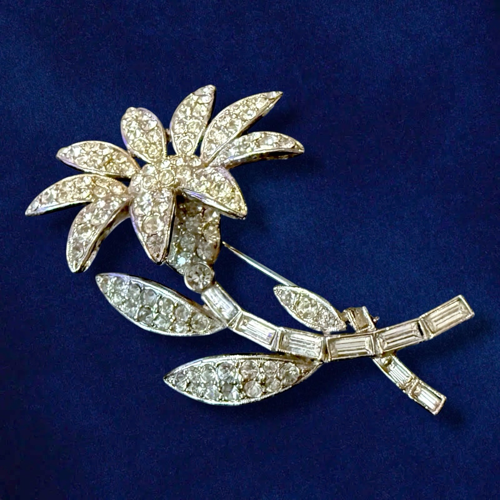 Rhinestone Flower Brooch Signed ORA Rhodium 1940s Large Vintage Pin 3 Inch