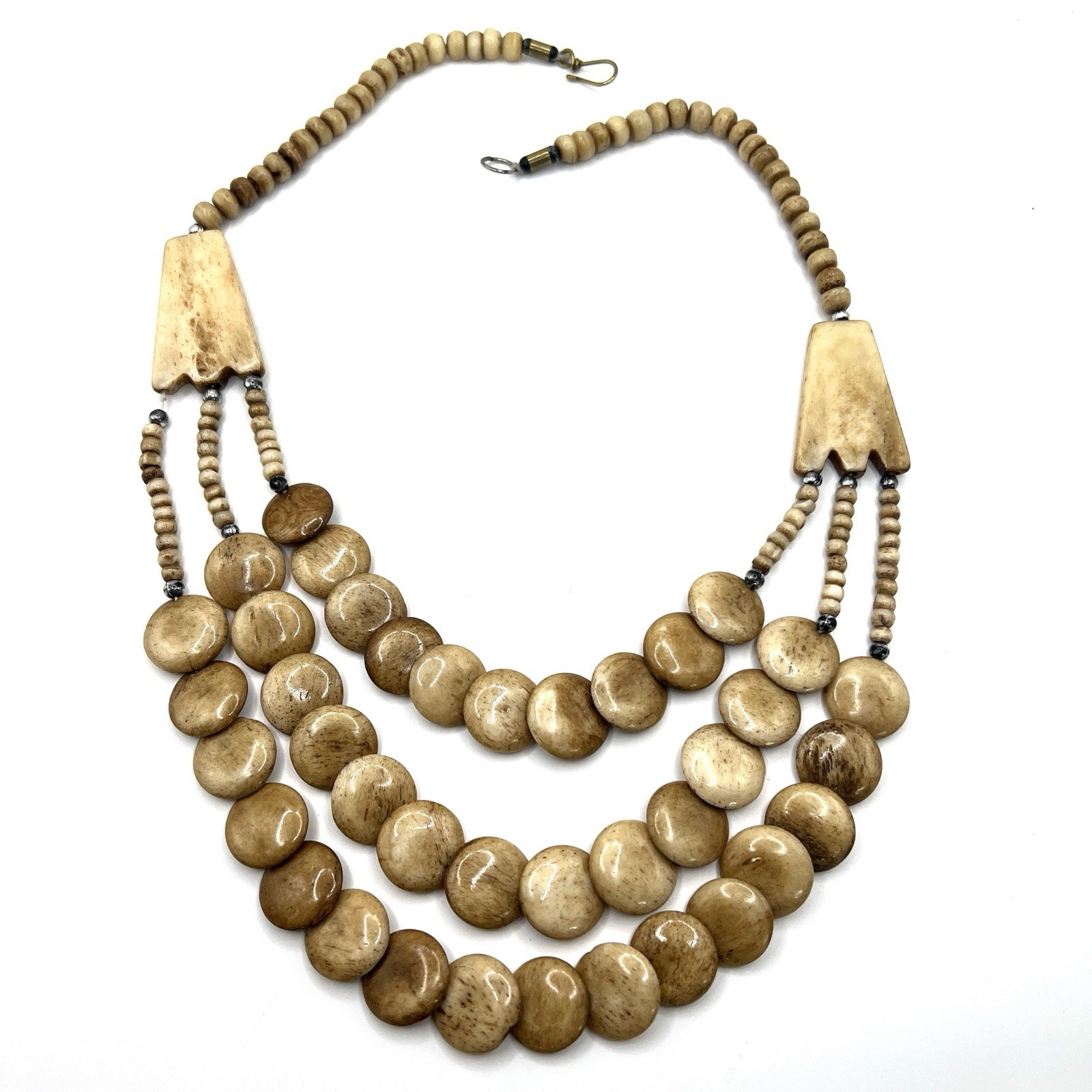 Vintage Multi Strand Bone Bead Necklace Tribal Boho Natural Beige Statement 19”