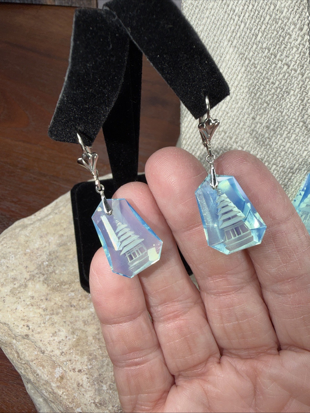 Opaline Blue Glass Japanese Pagoda Necklace & Earrings Set reverse carved