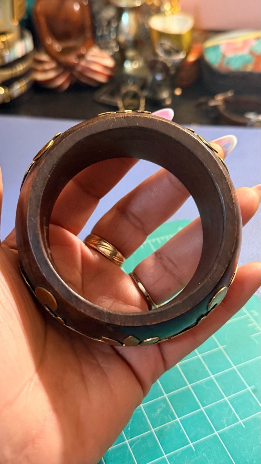 Vintage Handcrafted Brown Wood Bangle Bracelet with Brass Fleur-de-lis and Flora