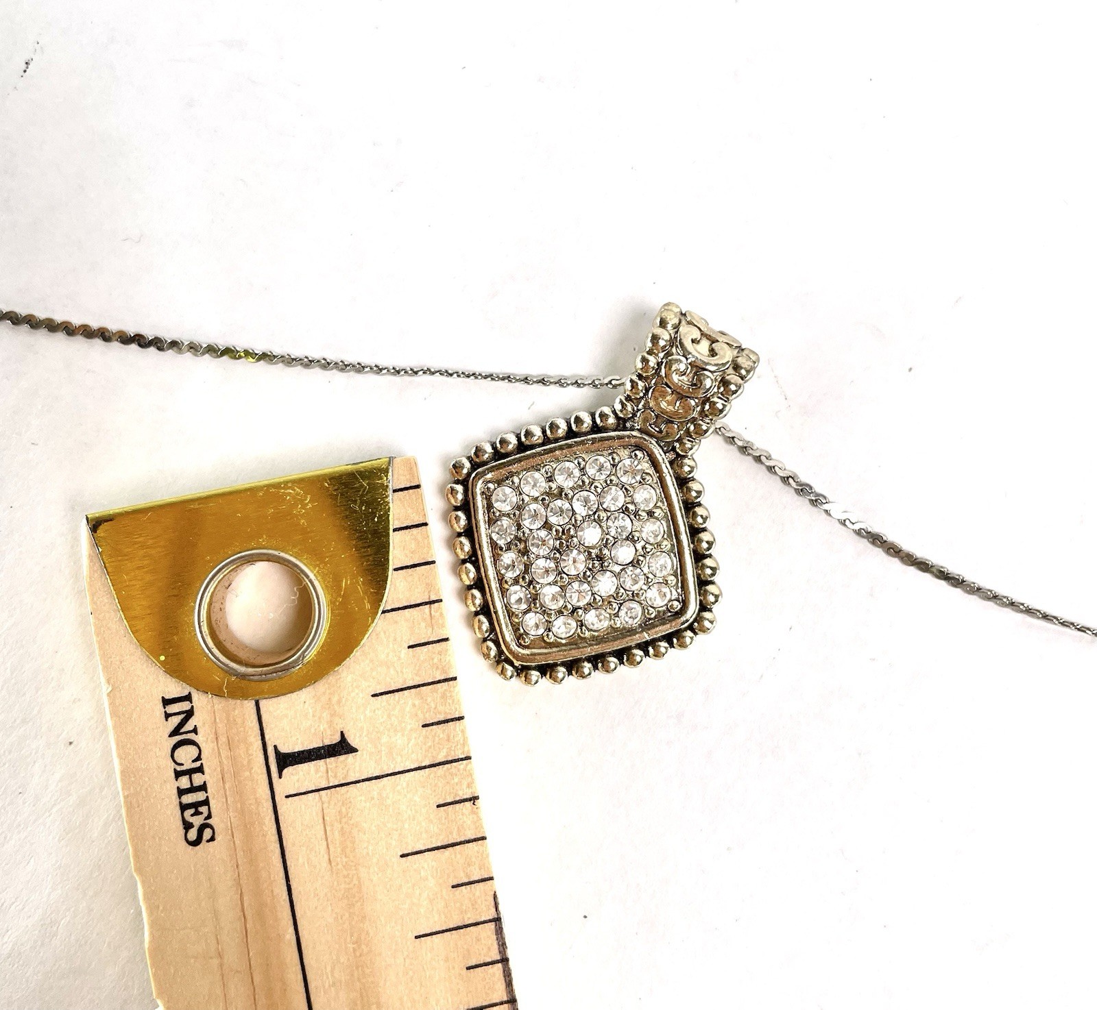 Vintage Roman Necklace Silver Tone Signed & Marked Chain 17” Square Pendant .75”