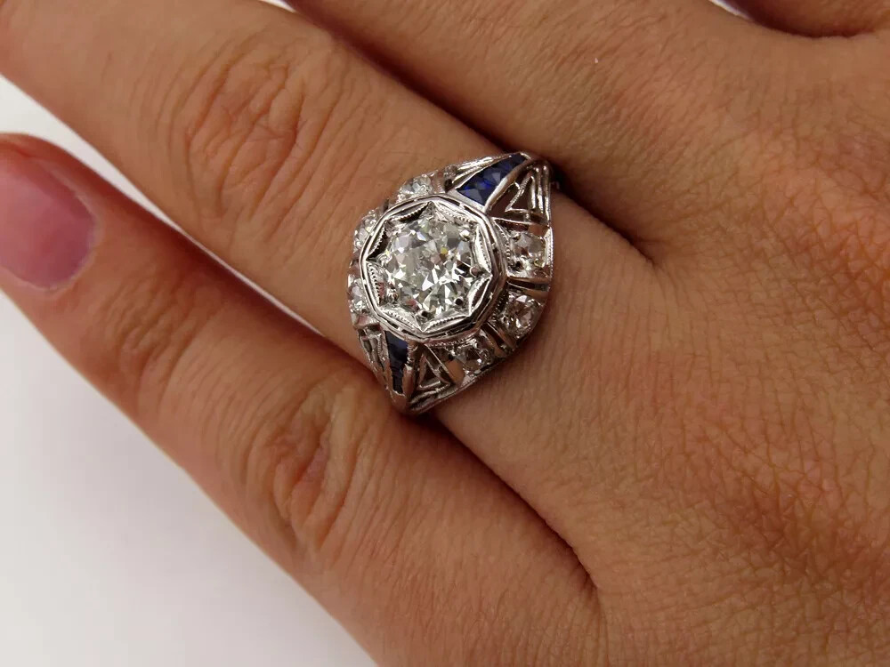 Art Deco 4Ct Lab Created Diamond & Sapphire 14K White Gold FN Engagement Ring