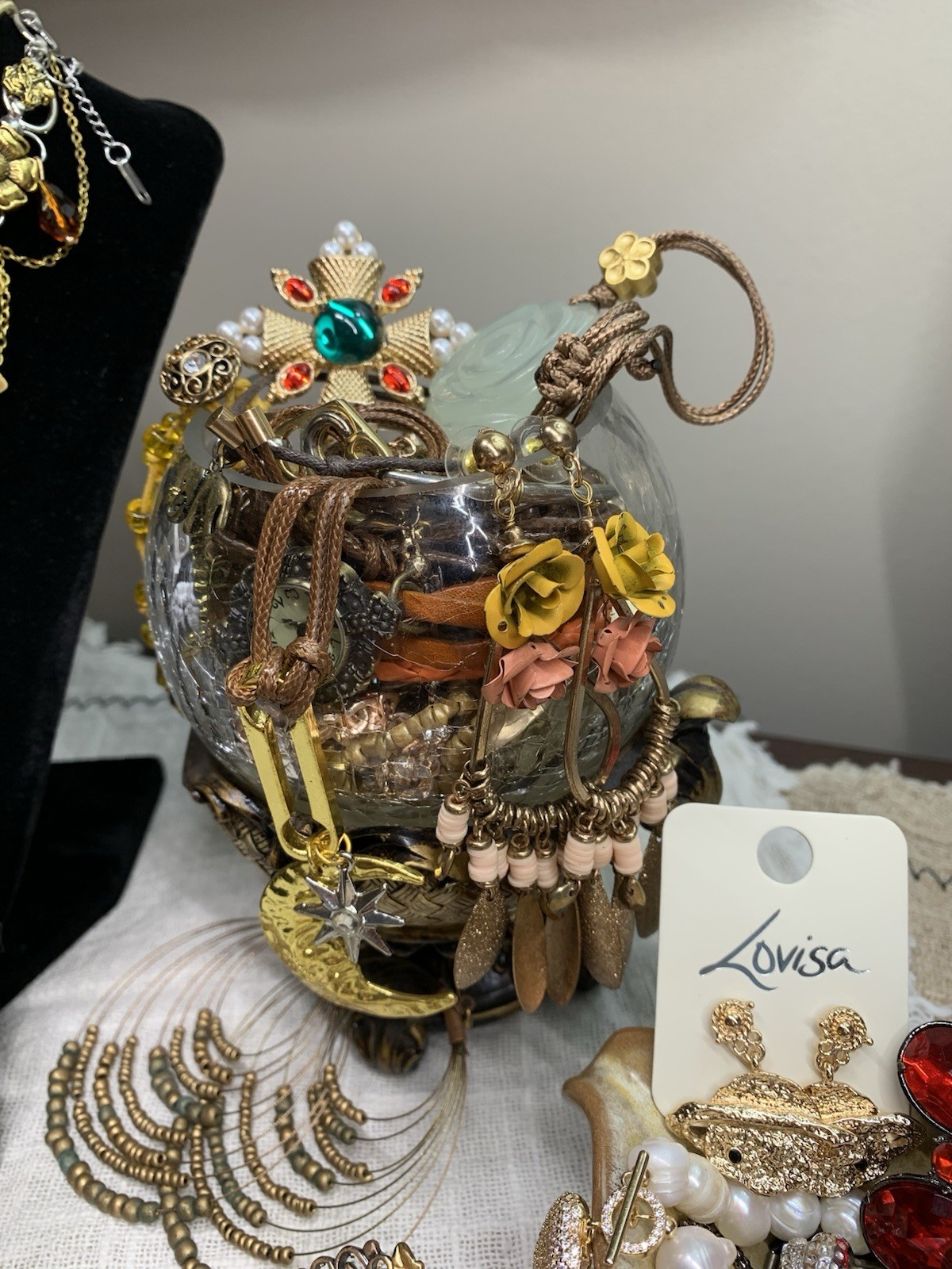 VTG Curated Mystery Costume Jewelry Jar Gold Tone Pastels Pearls Cameo WOW