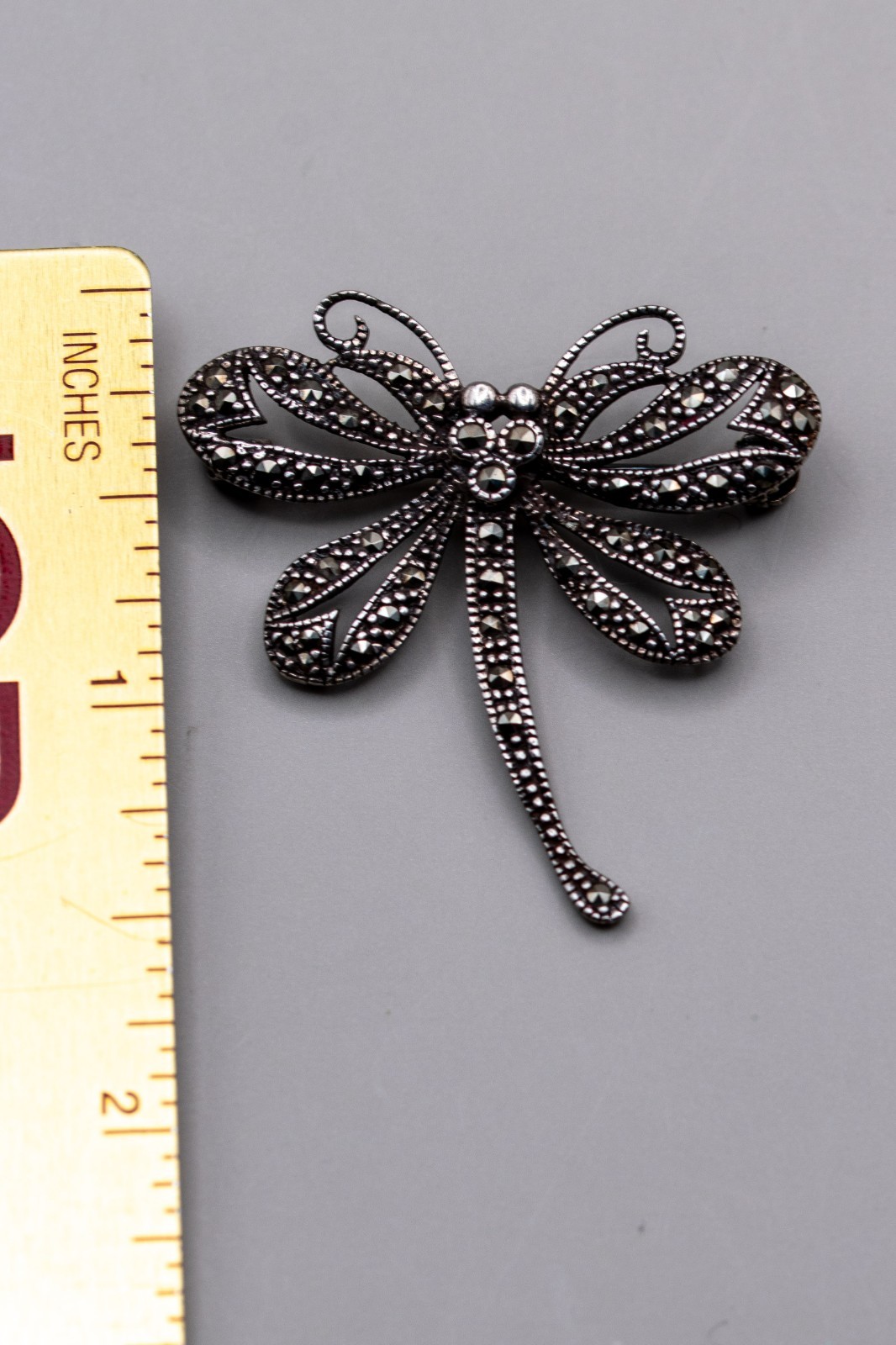 Vintage 925 Sterling Silver Marcasite Dragonfly Brooch Pin Art Deco 1.5″ 5.6g