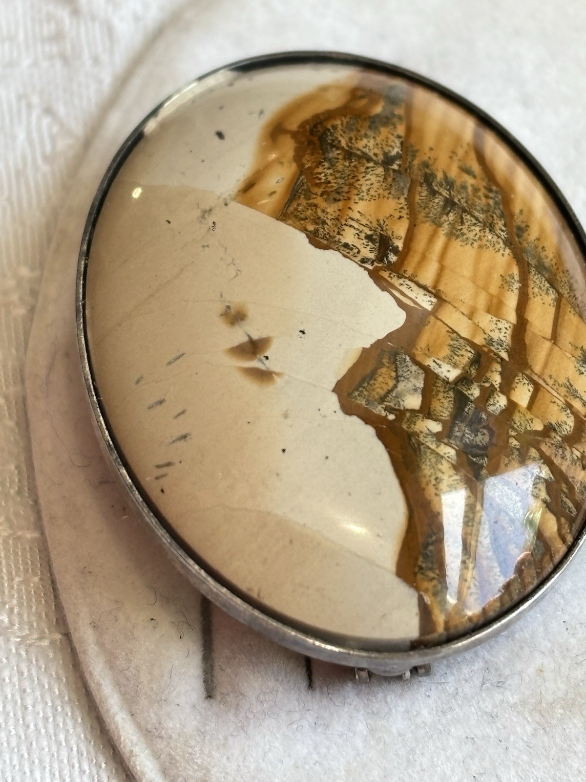 Vintage Picture Jasper Pin Landscape Brooch Tuscany Paesina Stone Italy UNUSED