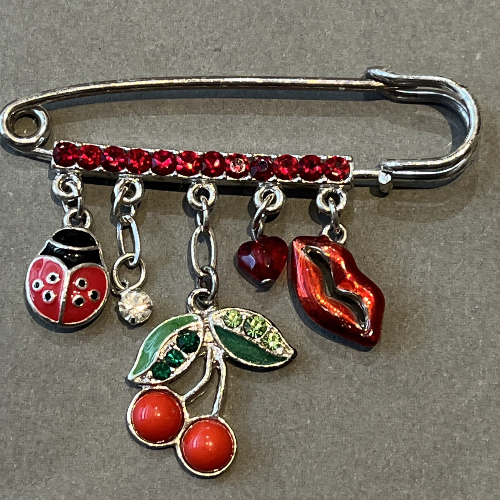 Vtg Lucky Charm Safety Pin Brooch Lips Heart Cherries Ladybug Nature Love & Luck