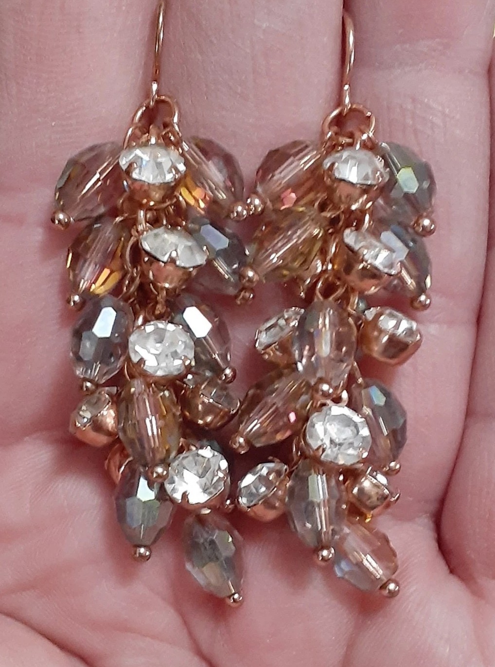 Fauceted lucite iridesent bead earrings & rhinestone cluster dangle drop style