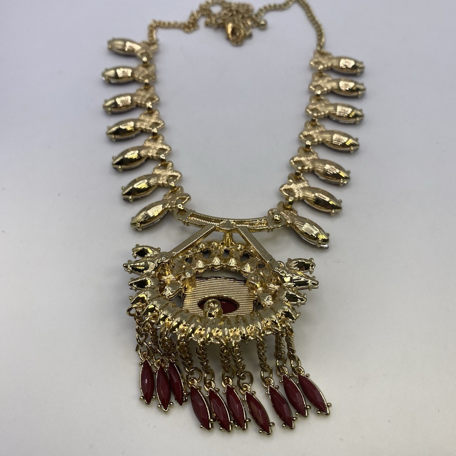 NY Signed Rhinestone Cabochon Tassel Statement Necklace Adjustable Jewelry