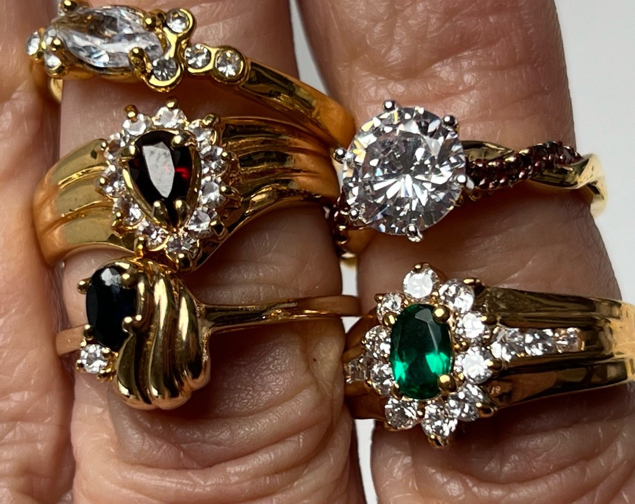 Vintage Lot Of 5 Gold Tone Rings Various Glass Stones / Sizes Untested