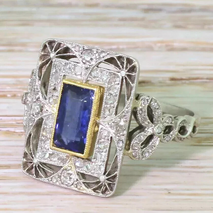 Art Deco Vintage Style Lab Created Sapphire 14K White Gold FN Engagement Ring