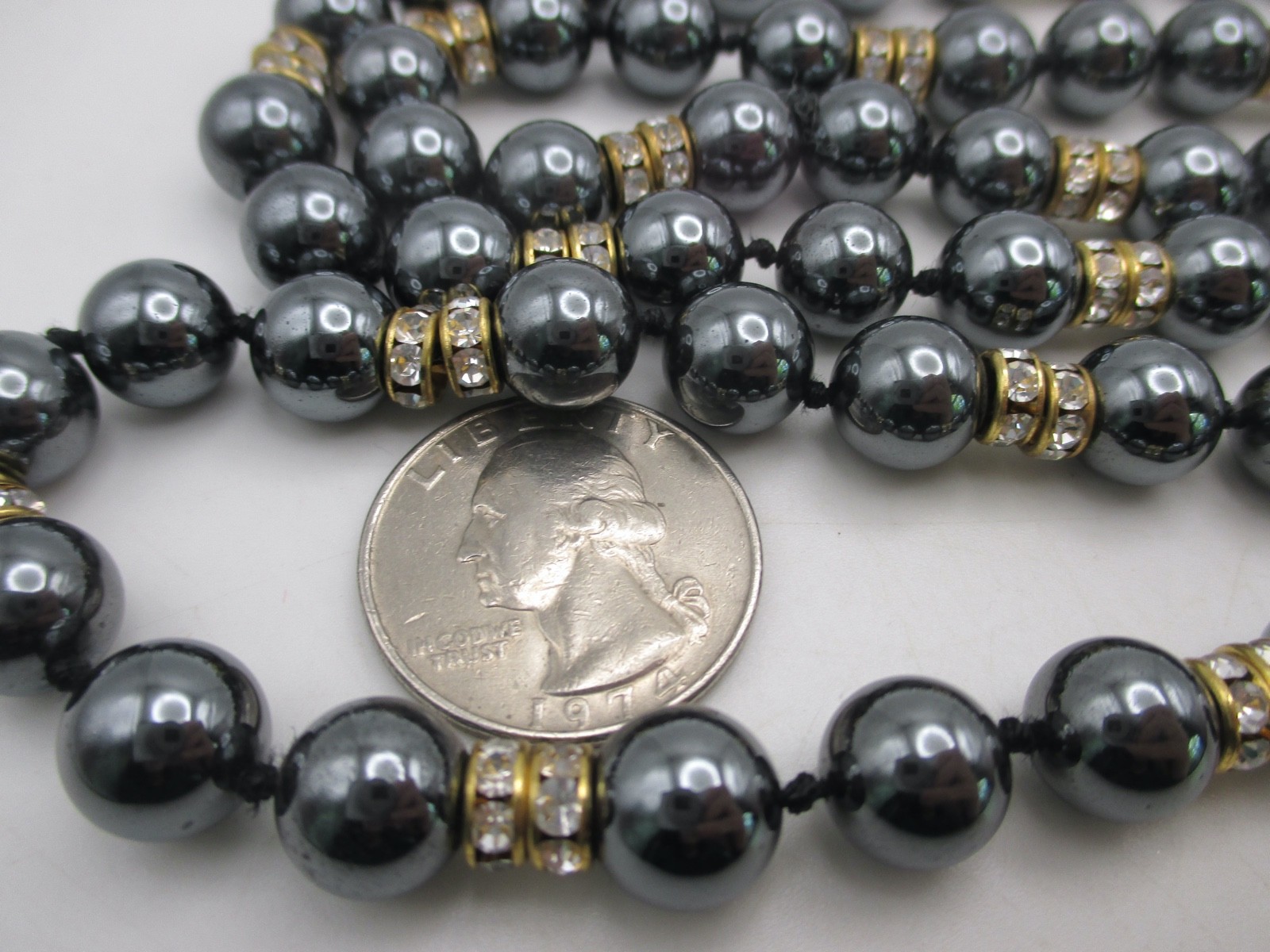 VTG Hematite Rhinestone Disk Beaded Hand Knotted Necklace 36″