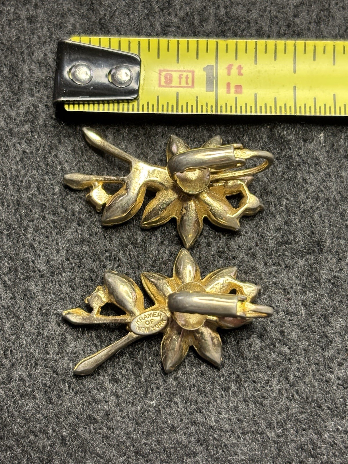 Kramer of New York Flower Earrings Gold Tone Green Marquise Cut Rhinestone Clip