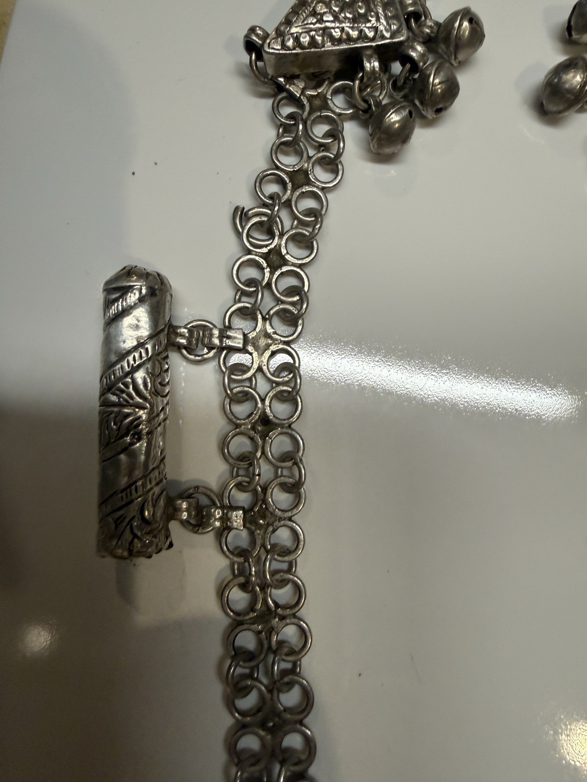 Antique silver alloy necklace, charms, 92gr. From Middle East. Mid-Century.