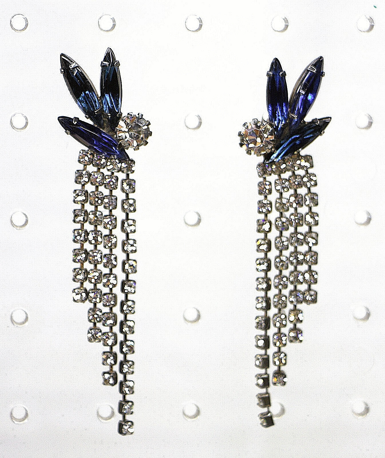 Vntg Art Deco Drop Earrings Blue Clear Rhinestones Dangle Pierced Glam Statement
