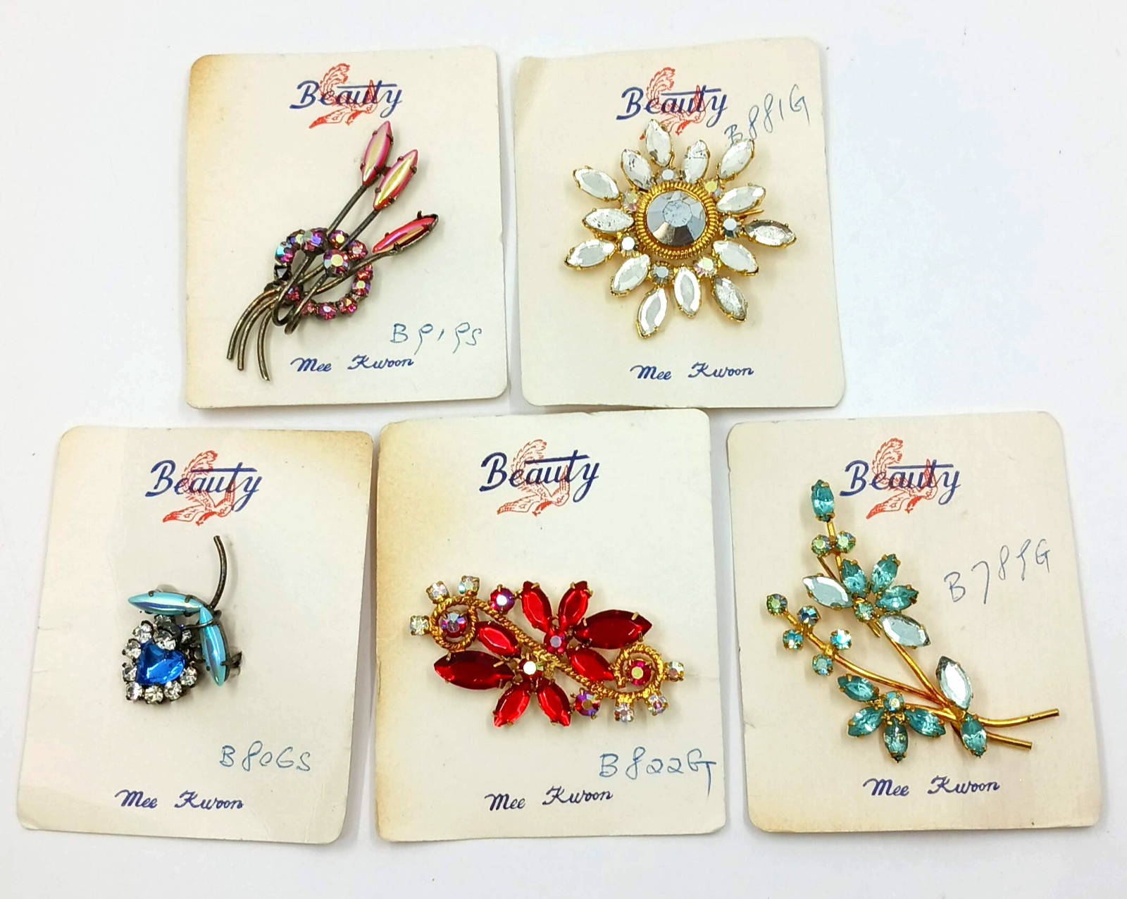 Vintage Beauty by Mee Kwoon Pin Brooch Lot Rhinestone Hand Crafted New Old Stock