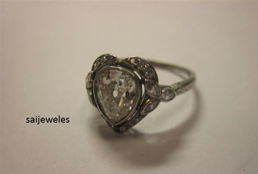 3CT Pear Lab-Created Diamond Vintage Heart Shape Art Deco Ring 14K White Gold FN
