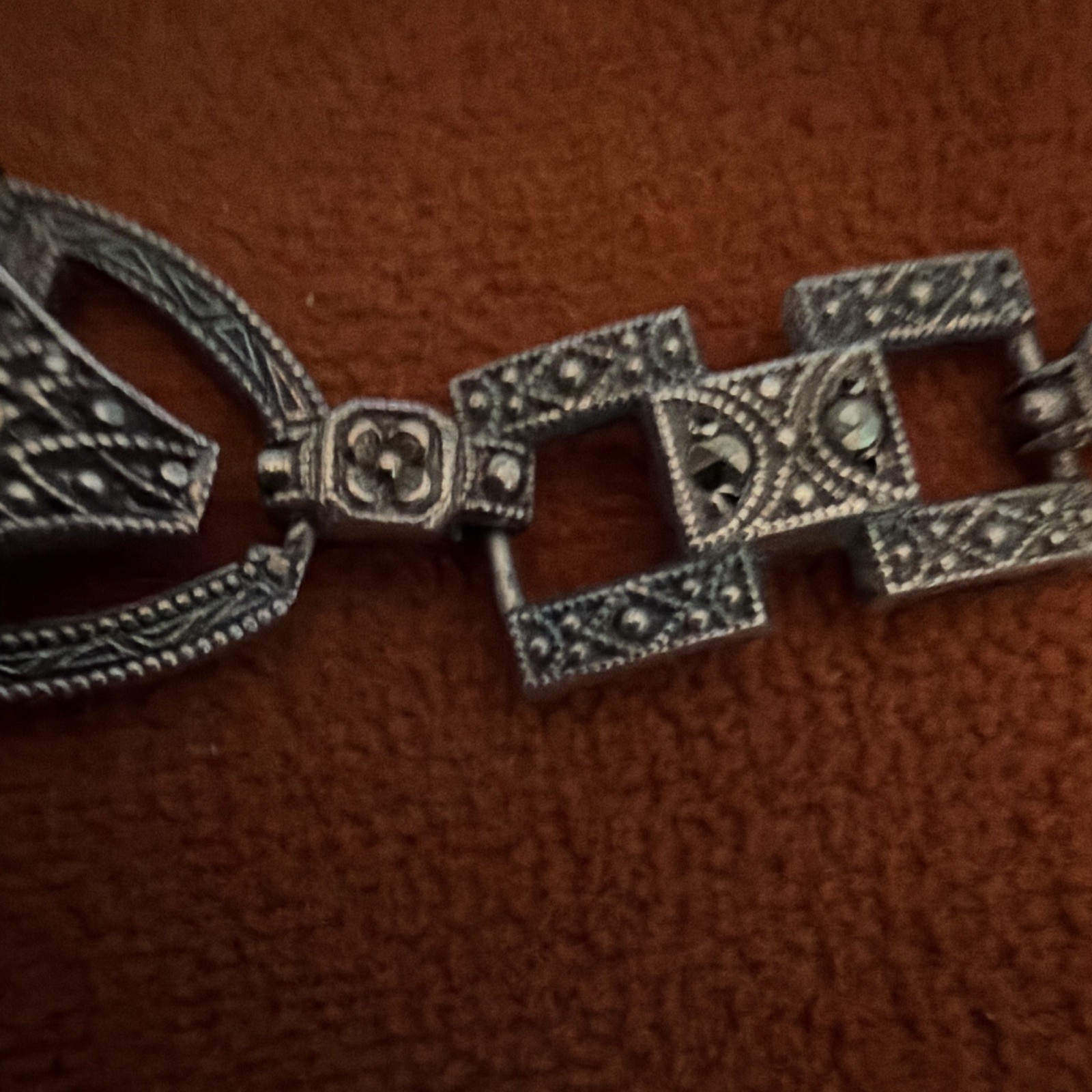 Vintage Art Deco Sterling Silver Carnelian Marcasite Panel Link Bracelet 1930s