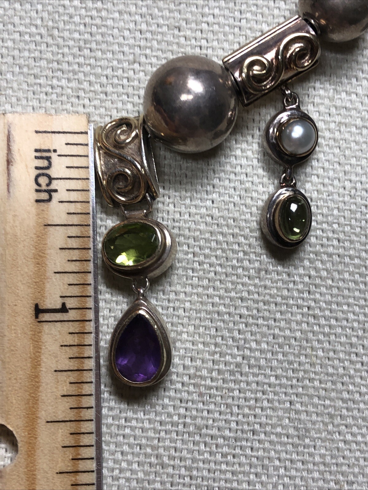 15. Vintage 925 Sterling Silver Ball charm Gemstone Beaded Sliding Necklace 17″