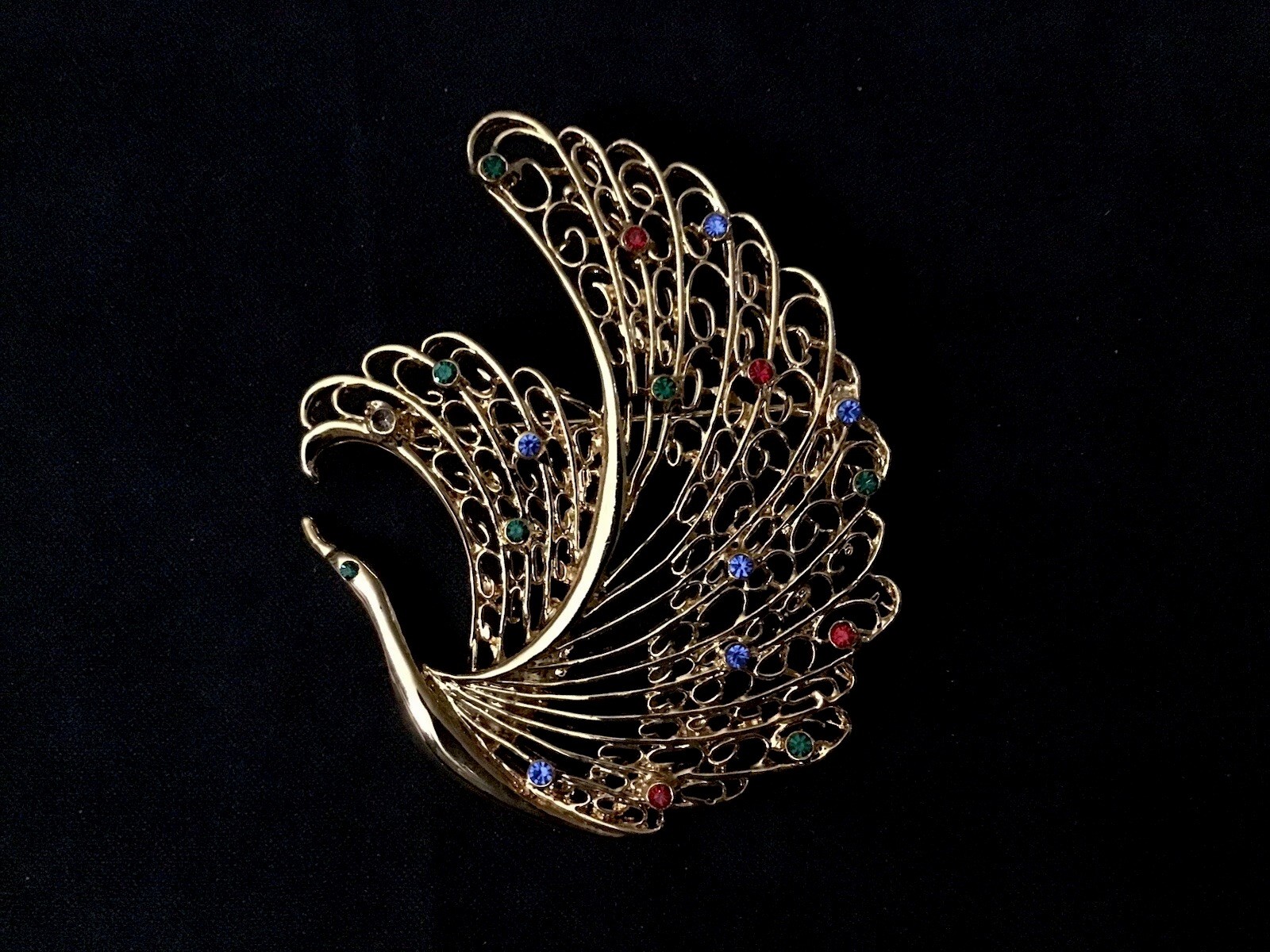 Vtg Peacock GoldT Brooch Multi Color Rhinestones Statement Trendy Style 3”