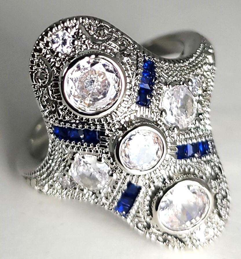 Vintage Art Deco Style Filigree Cubic Zircon Lab Created Engagement Wedding Ring