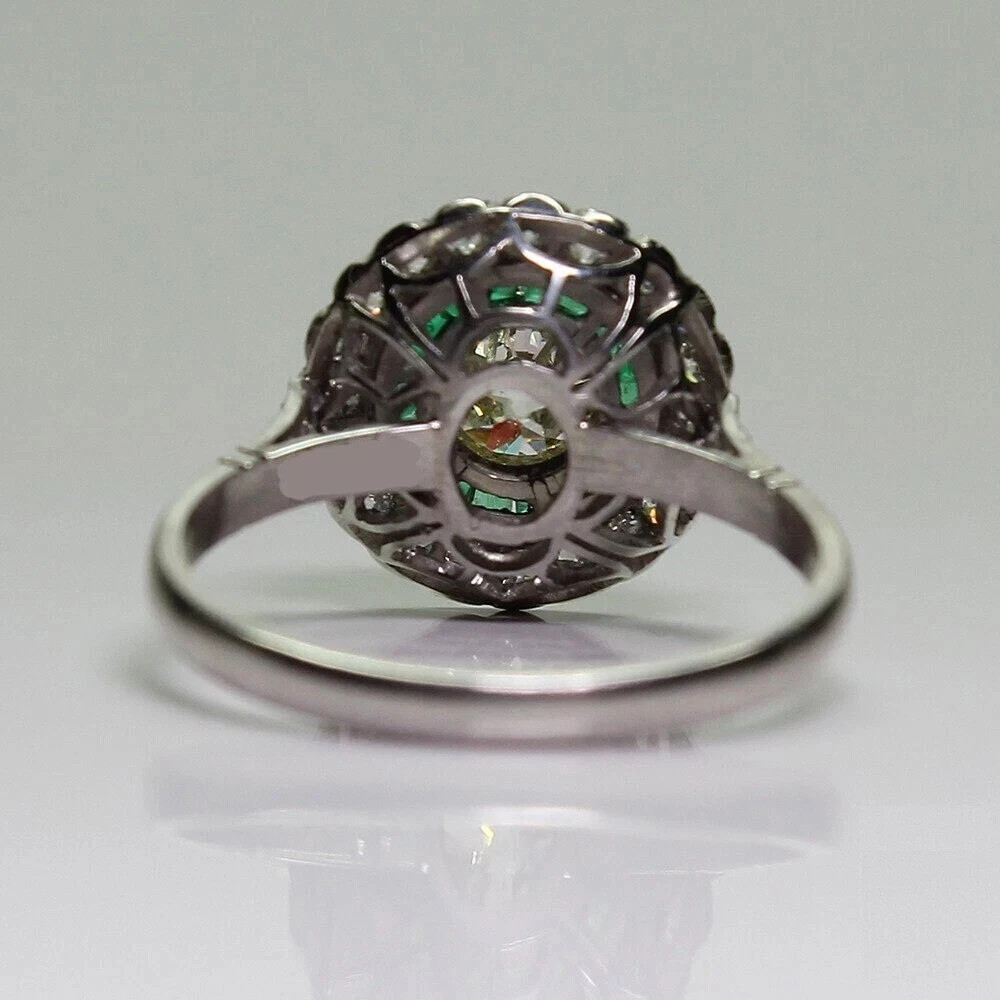 Art Deco Style Lab Created Diamond & Emerald Wadding 14K White Gold Finish Ring