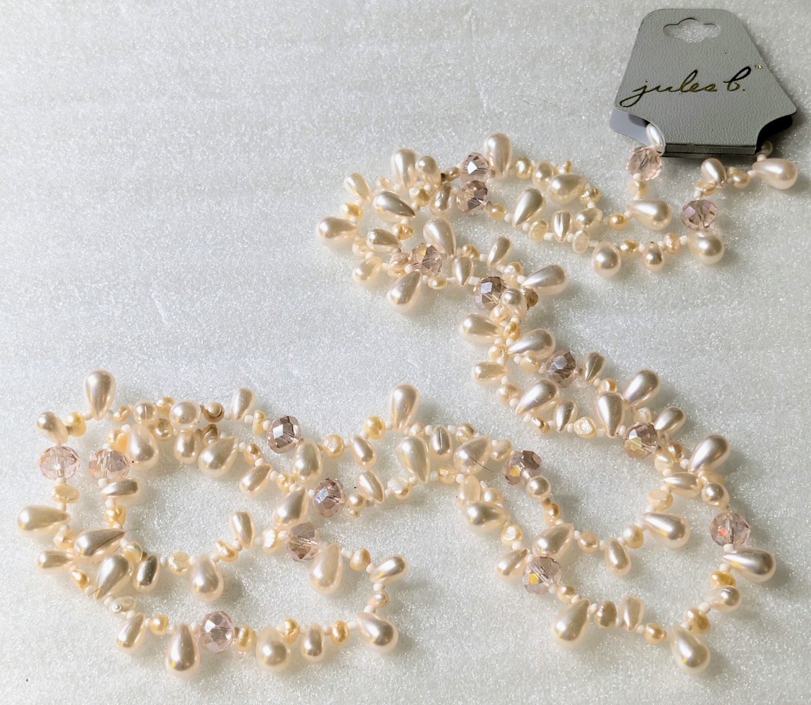 Designer signed Jules B Faux Pearl & Faceted Pink Glass Beaded Necklace NWT