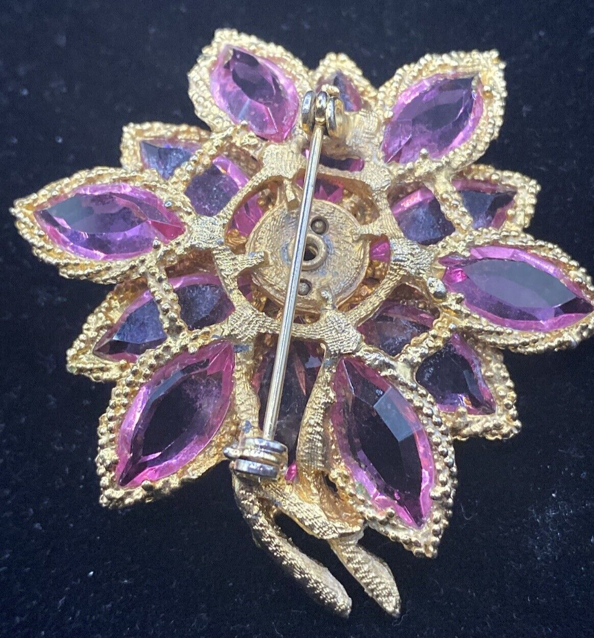 Vtg Flower Brooch Pin Gold Tone Filigree Layered Light Pink Crystals Barbiecore