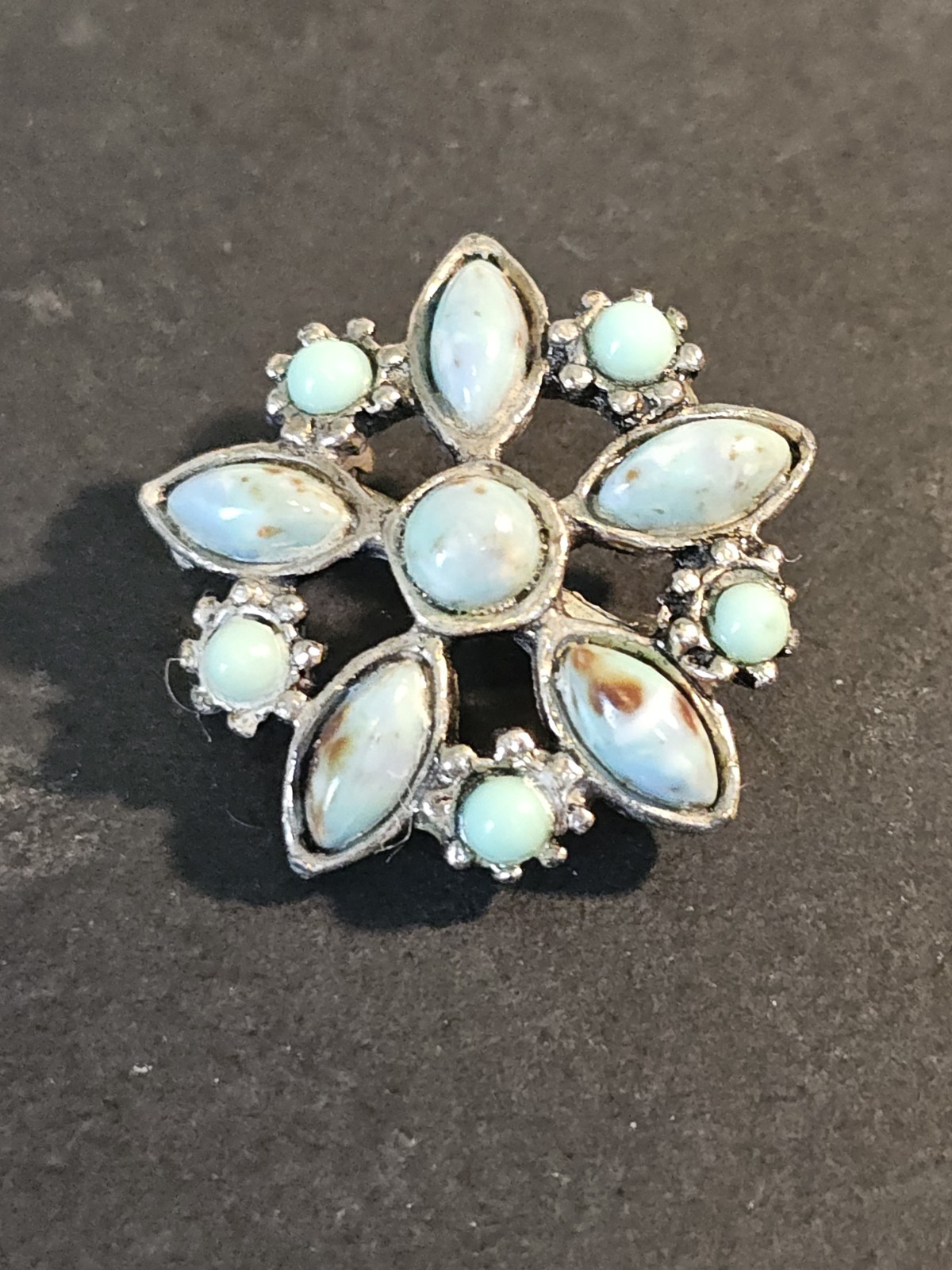 Vintage Star Flower Brooch Turquoise Look Silver Tone Pin Mexican Style Unsigned