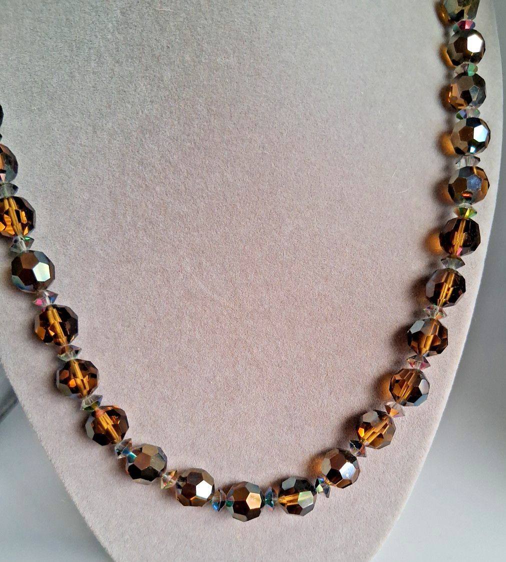 Vintage Amber/Brown AB Crystal Glass Faceted Bead Necklace Single Strand 20″