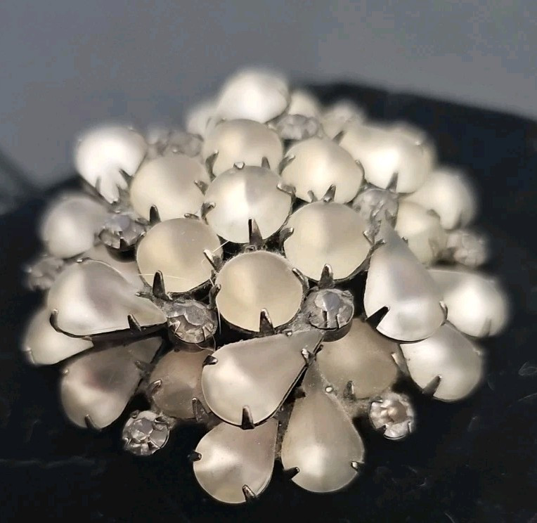 Dome Moonstone Brooch Elevated Glass Cabochon Rhinestone Pin Rhodium Plated