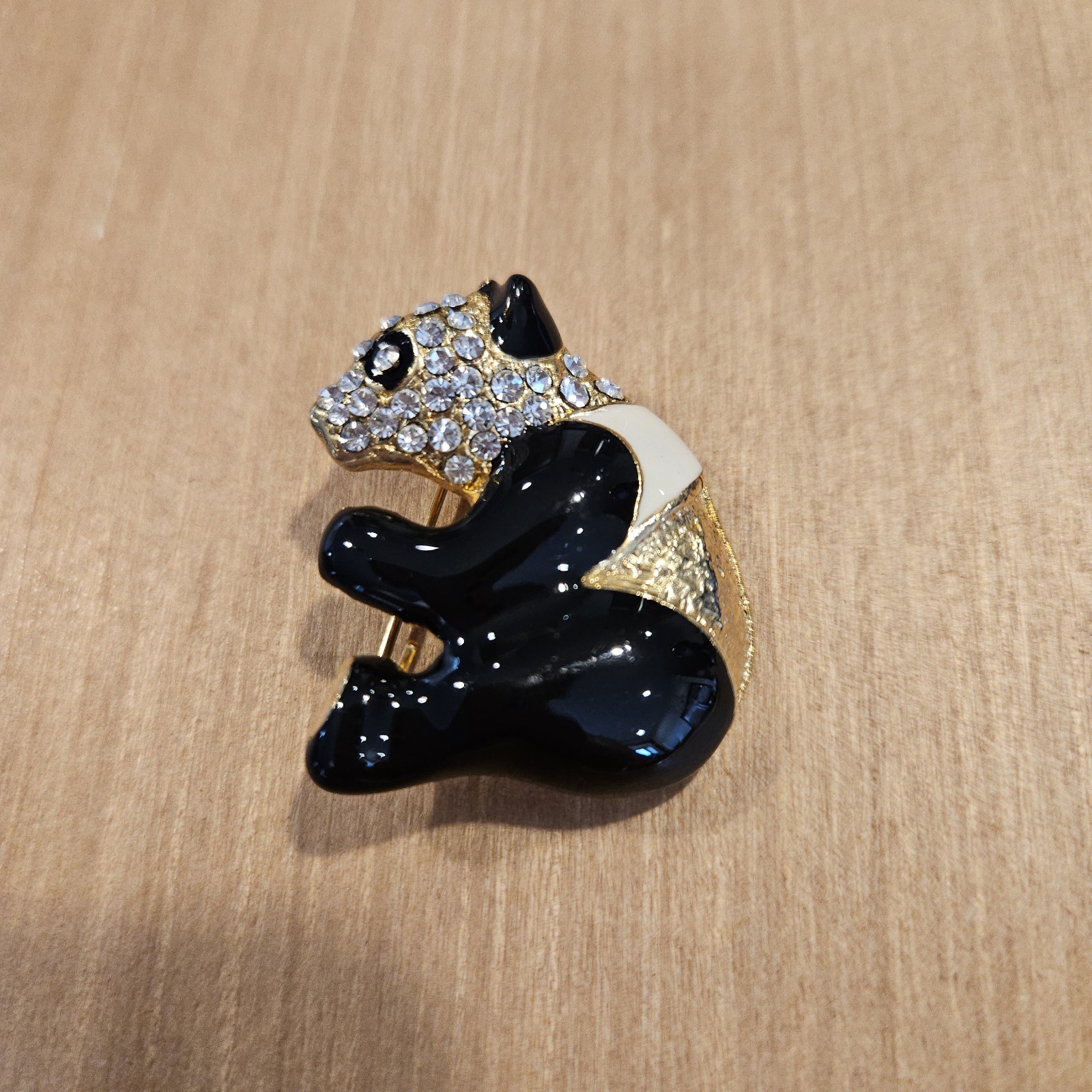 Vintage Gold Tone Rhinestone Panda Pin Brooch Enamel pet lover