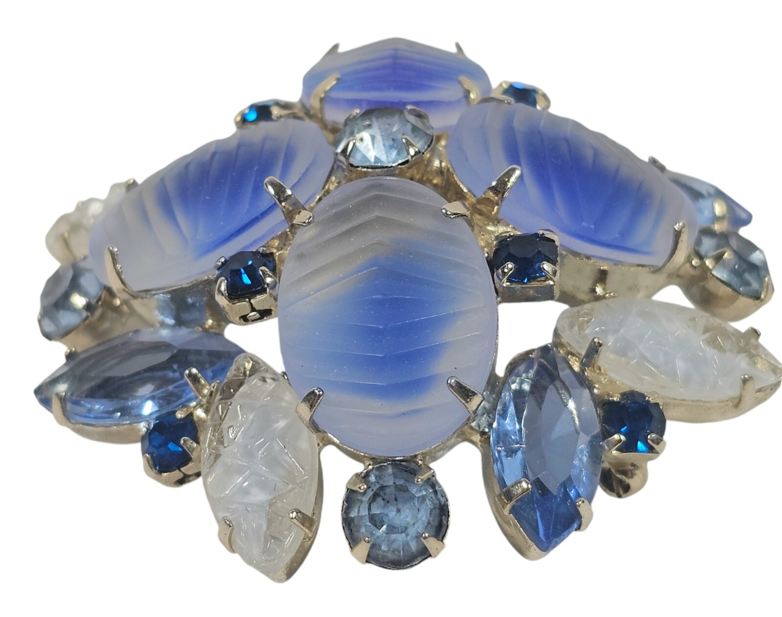 Vintage Unsigned Grosse Art Glass Snowflake Brooch Blue & White Rhinestones