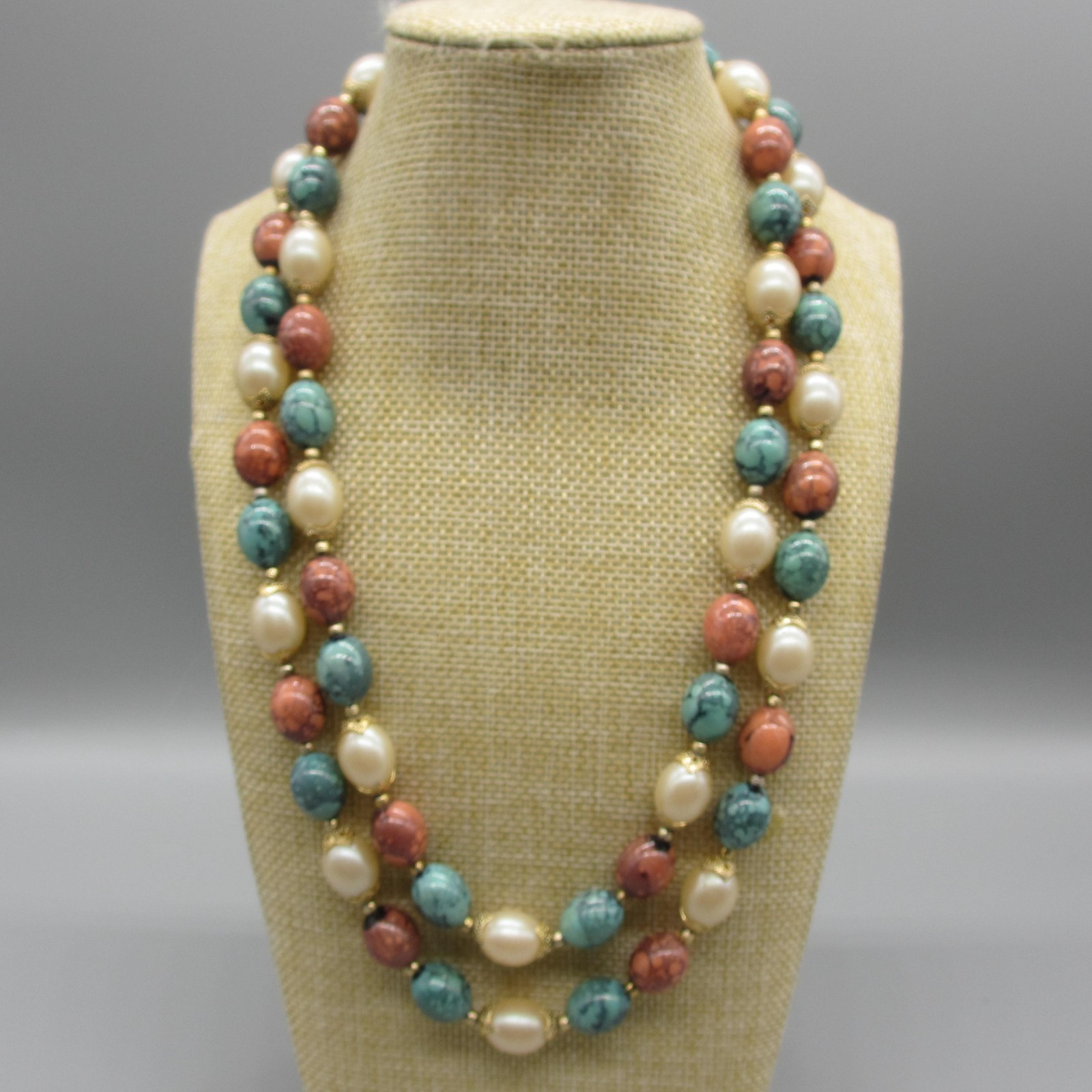 Vintage Hong Kong Necklace Mottled Beads Green Orange Simulated Pearl 19 Inch