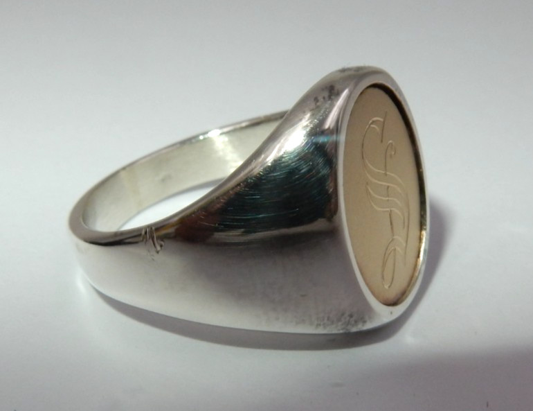 VINTAGE STERLING SILVER 14K GOLD SIGNET RING – “S” MONOGRAM, SIZE 9.5, 12 GRAMS