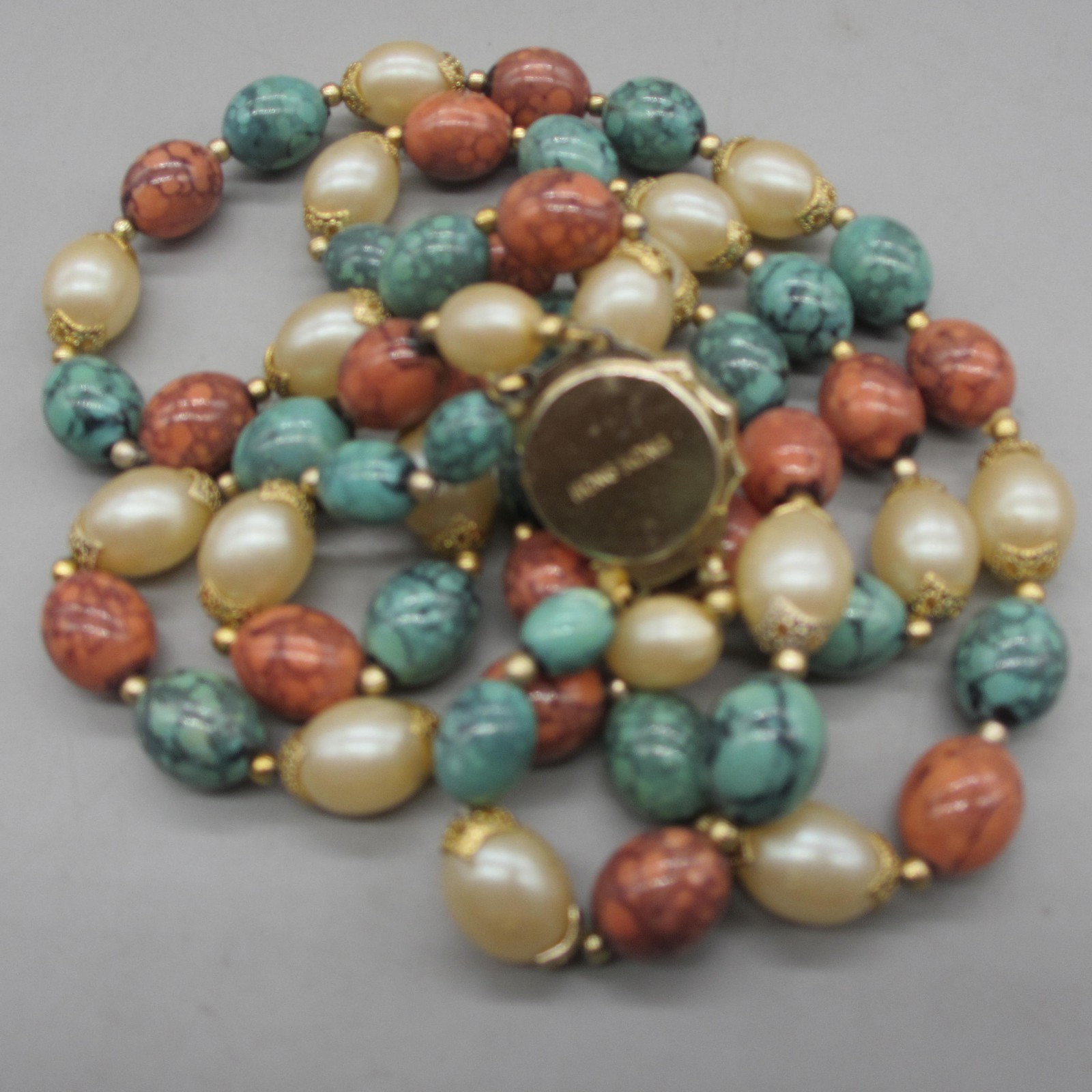 Vintage Hong Kong Necklace Mottled Beads Green Orange Simulated Pearl 19 Inch