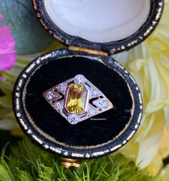 Edwardian 3Ct Emerald Cut Yellow Citrine CZ Art Deco Ring 14K White Gold Plated