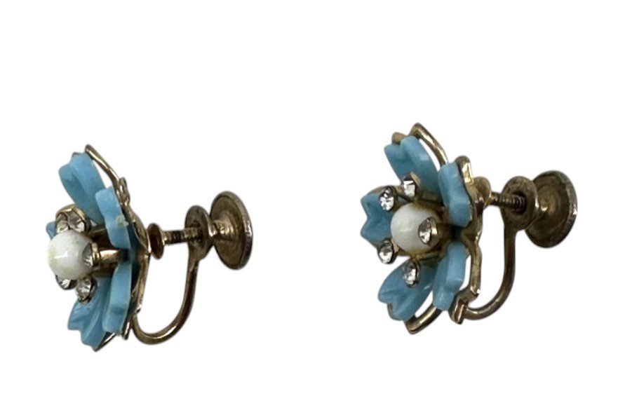 Vintage Blue Flower Screw Back Earrings Silver Tone Faux Pearl Rhinestone