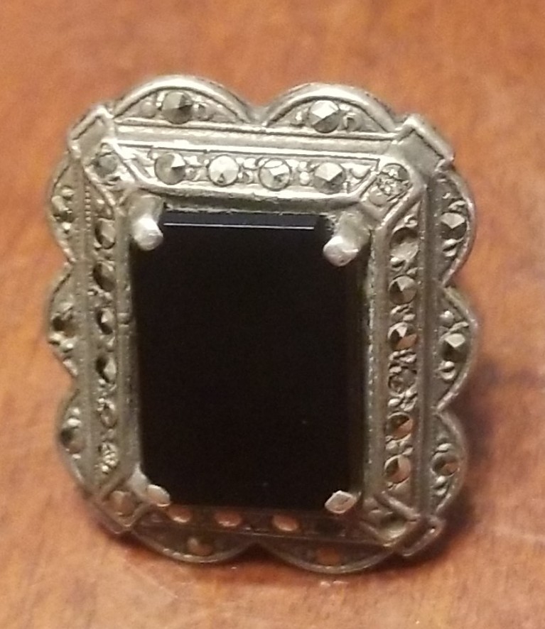 Antique Victorian Mourning Ring, Size 3, Black Onyx Marcasite And Silver
