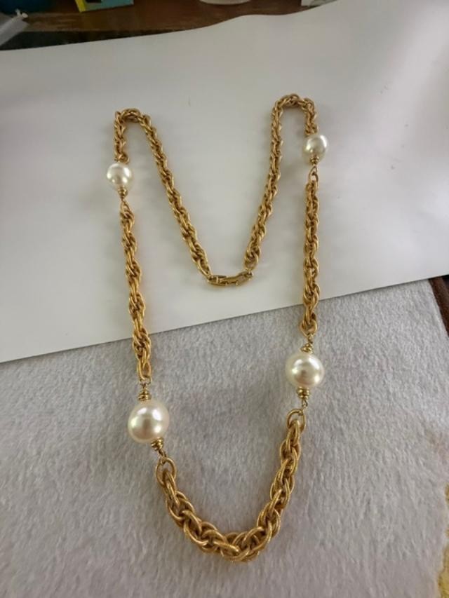 Vintage Napier Gold Tone Faux Pearl Station Chain Necklace 36″