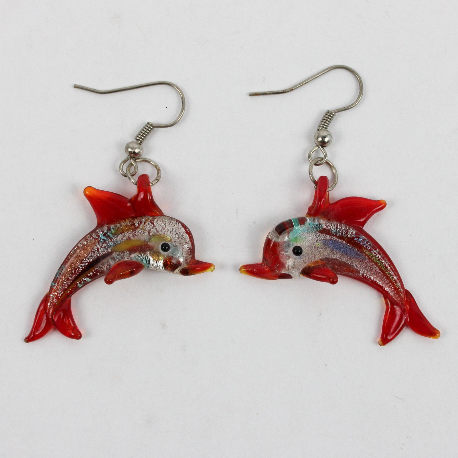 Handblown Glass Orange Dolphin Dangle Drop Earrings 1.5″