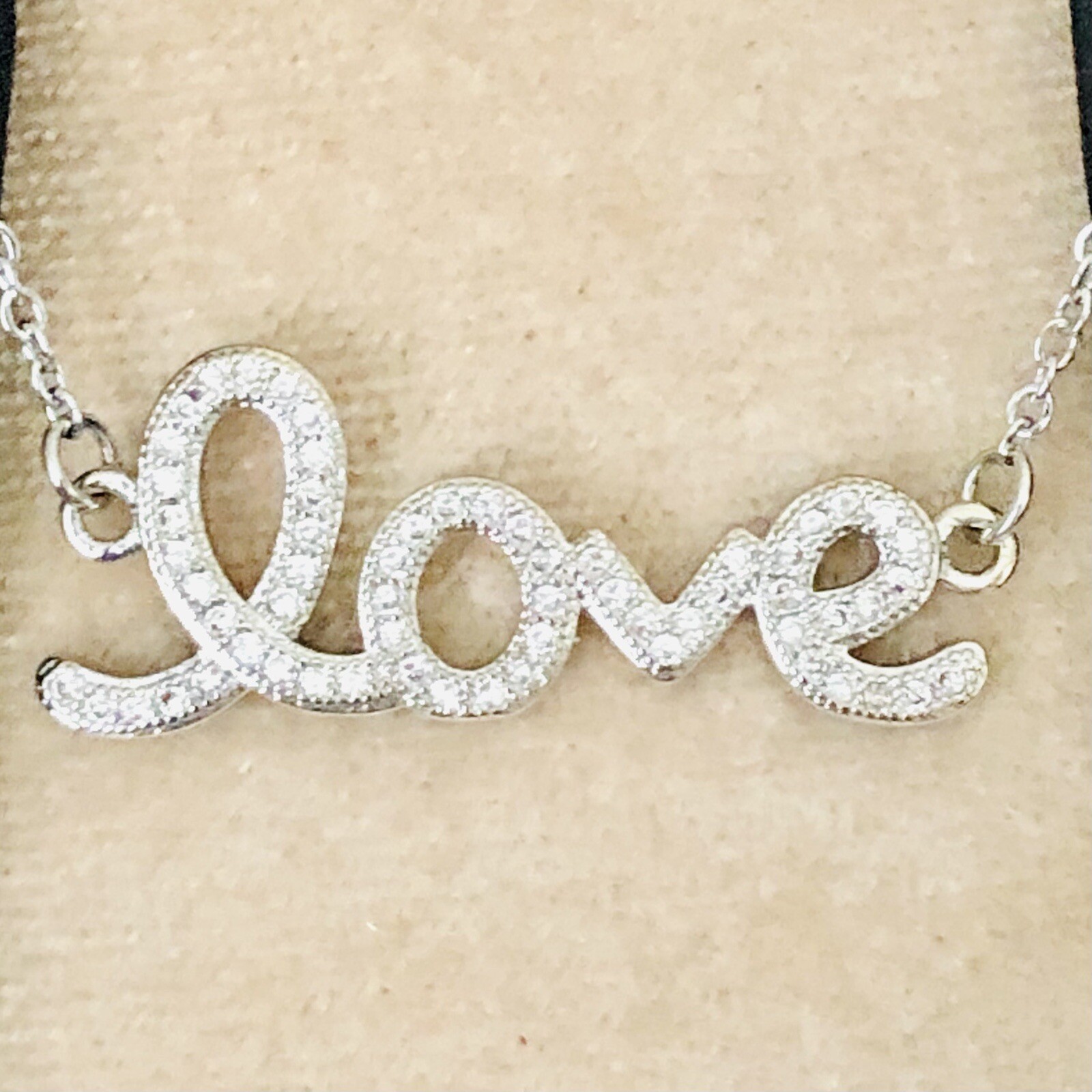 Dainty Rhinestone Love Cursive Word Pendant Necklace Silver Tone Adjustable 21”